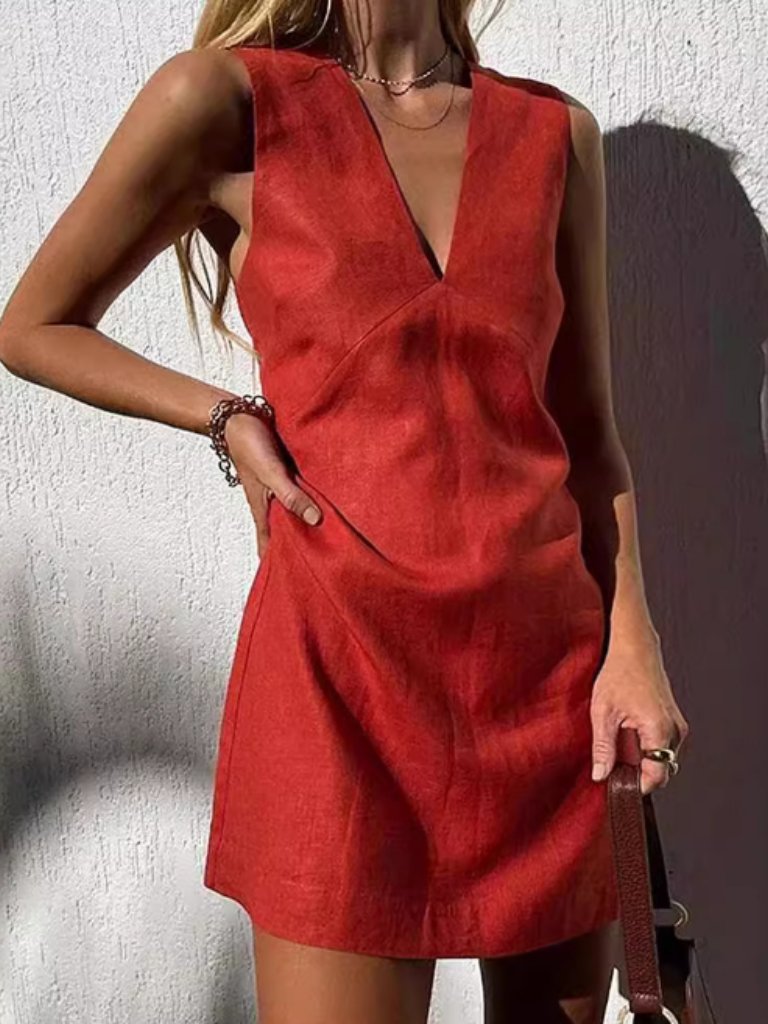 V-Neck Cotton Linen Sleeveless Dress For Women